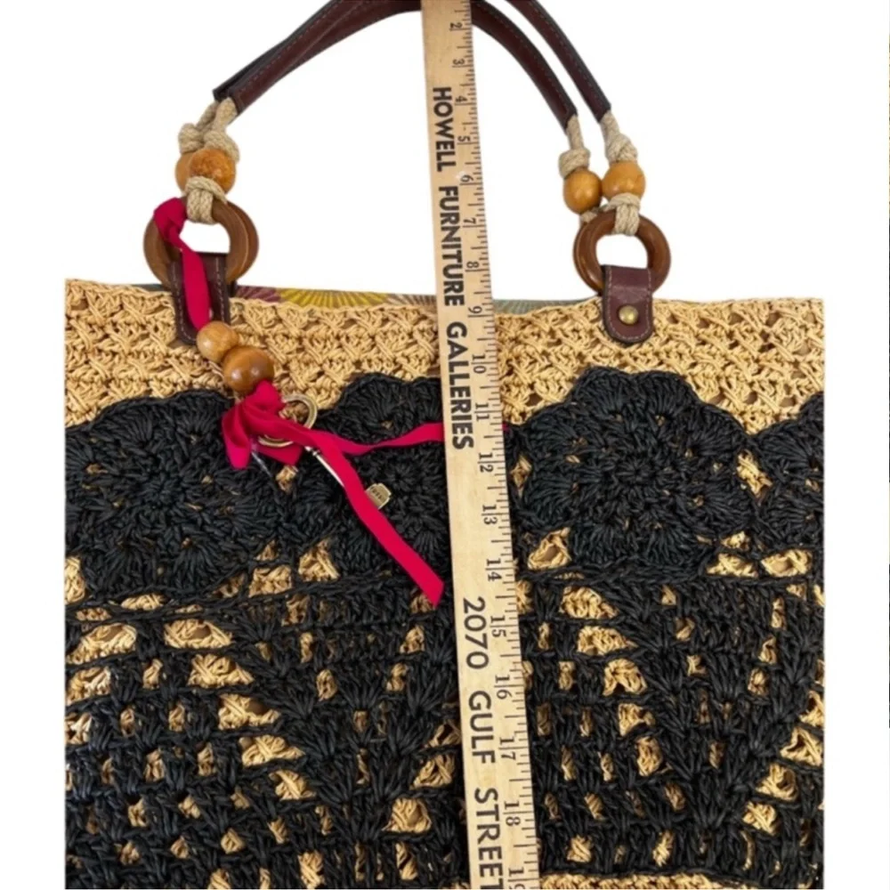 Vintage Fossil Crochet Straw Handbag with Wood Handles accents